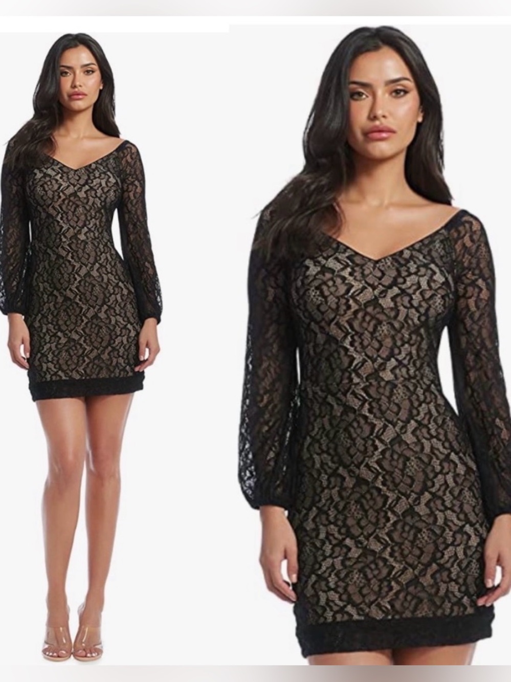 DRESS THE POPULATION Black/nude Esperanza
Lace Mini Dress size Large L